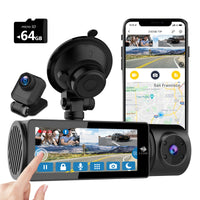 Reacondicionado: T3P Dash Cam de 3 Canales con Pantalla Táctil 4K, 4K+1080P Frontal e Interior, 1600P+1080P+1080P Cámara para Auto, Conexión WiFi y App, Visión Nocturna IR, Supercapacitor, Compatible hasta 512GB (Incluye Tarjeta de 64GB)