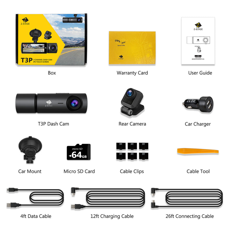 T3P 3-Channel Touch Screen 4K Dash Cam, 4K+1080P Front and Inside, 1600P+1080P+1080P Three Way Triple Car Camera, IR Night Vision, Super Capacitor, Support 512GB Max (64GB Card Included)