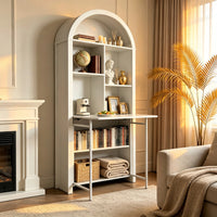 MERAVOM Tall Arched Bookcase, Foldable Desk with Storage, Disappearing Desk for Small Spaces, Living Room, Home Office