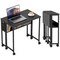 MERAVOM Small Folding Desk, Rolling Computer Desk Foldable with Storage Bag and Shelf, 31.5" Portable Writing Table on Wheels for Small Spaces, Black