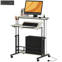MERAVOM Standing Desk with Power Outlets, Height Adjustable Stand Up Desk with Tiltable Tabletop, Lockable Wheels, Shelf, for Home Office, Oak