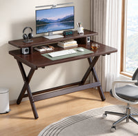 MERAVOM Bamboo Foldable Desk, 2 Tier Computer Desk with Monitor Stand for Living Room, Bedroom, No Assembly