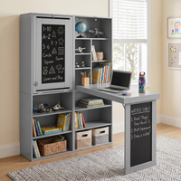 MERAVOM Folding Desk with Storage, Foldable Convertible Writing table with Blackboard and Shelves, Fold-Out Cabinet Table for Small Spaces