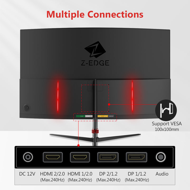 Refurbished: Z-Edge 27 Inch Curved Gaming Monitor 240Hz 1ms 1920x1080 16:9 Frameless, Support AMD Freesync Premium, With DisplayPort & HDMI Port