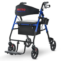 Metro Mobility M913P 2 in 1 Rollator Walker & Transport Wheelchair for Seniors, 8" Big Wheels with Seat for All Terrain, 300 lb. Weight Capacity, Blue