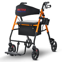 Metro Mobility M913P 2 in 1 Rollator Walker & Transport Wheelchair for Seniors, 8" Big Wheels with Seat for All Terrain, 300 lb. Weight Capacity, Orange