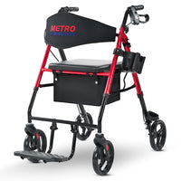 Metro Mobility M913P Andador rollator y silla de transporte 2 en 1 para personas mayores, ruedas grandes de 8" con asiento para todo terreno, capacidad de peso de 300 lb, rojo