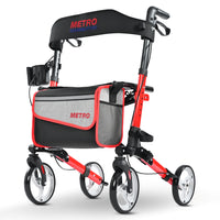 Metro Mobility Rollator Walker with Seat for Seniors, Foldable Lightweight Rolling, 8" Big Wheels for All Terrain, 300 lb. Weight Capacity, Red