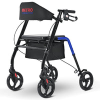 Metro Mobility M934 andador con ruedas grandes de 8" con asiento para personas mayores, plegable y ligero para todo terreno, capacidad de 300 lb, azul