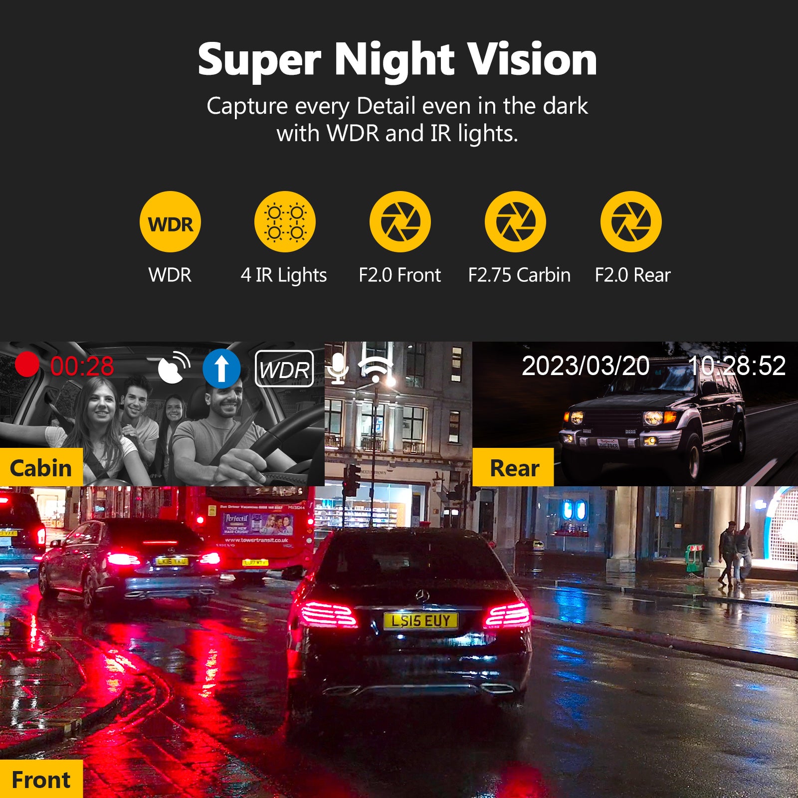 T3P 3-Channel Touch Screen 4K Dash Cam, 4K+1080P Front and Inside,  1600P+1080P+1080P Three Way Triple Car Camera, IR Night Vision, Super  Capacitor, 