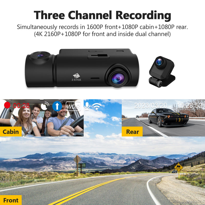 T3P 3-Channel Touch Screen 4K Dash Cam, 4K+1080P Front and Inside, 1600P+1080P+1080P Three Way Triple Car Camera, IR Night Vision, Super Capacitor, Support 512GB Max (64GB Card Included)