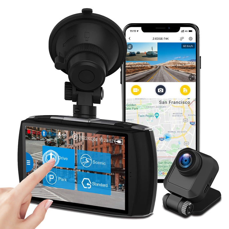 T4K 4K Dash Cam Built-in WiFi, 4'' Touch Screen, Front and Rear Car Cam 4K+1080P, WDR, G-Sensor, Loop Recording, 32GB Card Included