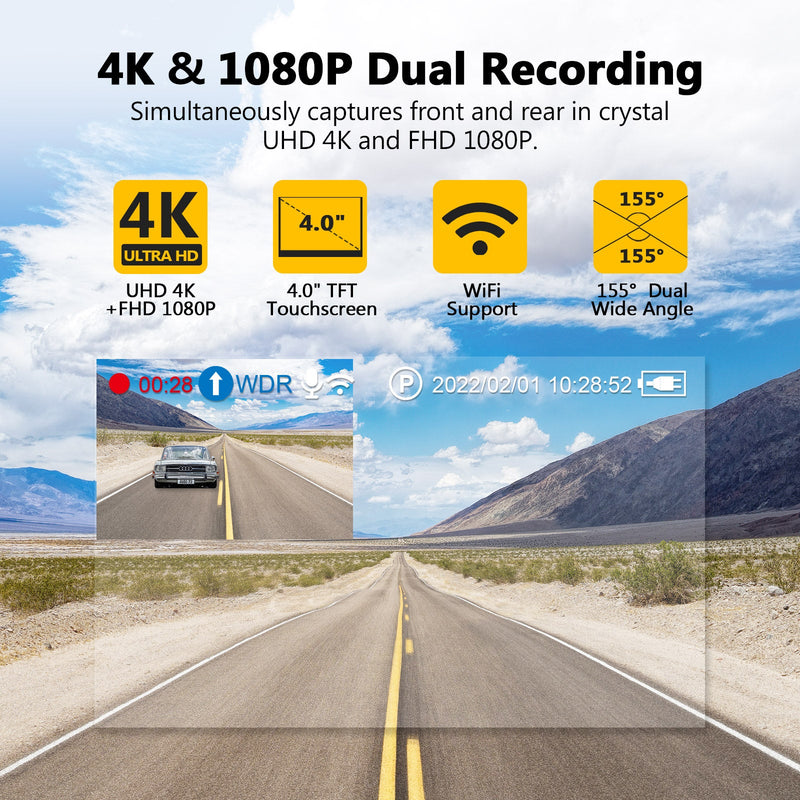T4K 4K ダッシュカム 内蔵 WiFi、4 インチ タッチ スクリーン、フロントおよびリア カーカム 4K+1080P、WDR、G センサー、ループ録画、32GB カード付属