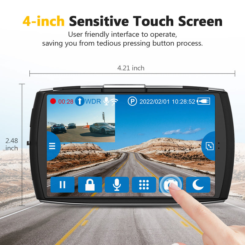 Refurbished: 4K Dash Cam Built-in WiFi, 4" Touch Screen, Front and Rear Cam 4K+1080P, WDR, G-Sensor, Loop Recording, 32GB Card Included