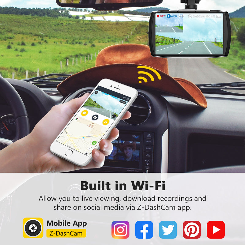 Z3Pro Dual Dash Cam Built-in Wi-Fi, 2K+1080P Front and Inside Dash Cam