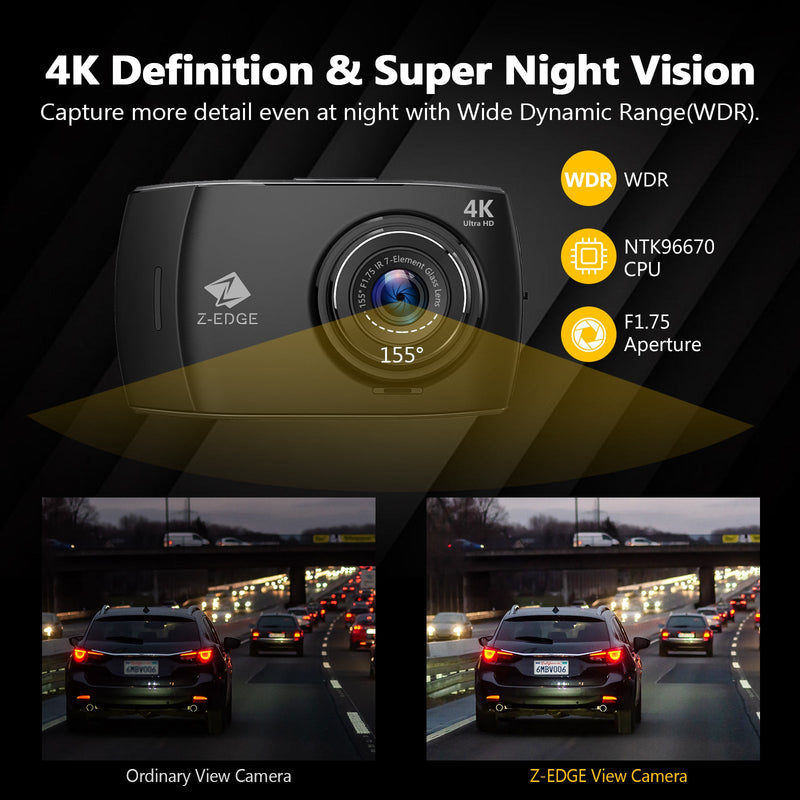 T4K 4K Dashcam, integriertes WLAN, 4-Zoll-Touchscreen, vordere und hintere Autokamera 4K+1080P, WDR, G-Sensor, Loop-Aufnahme, 32-GB-Karte im Lieferumfang enthalten
