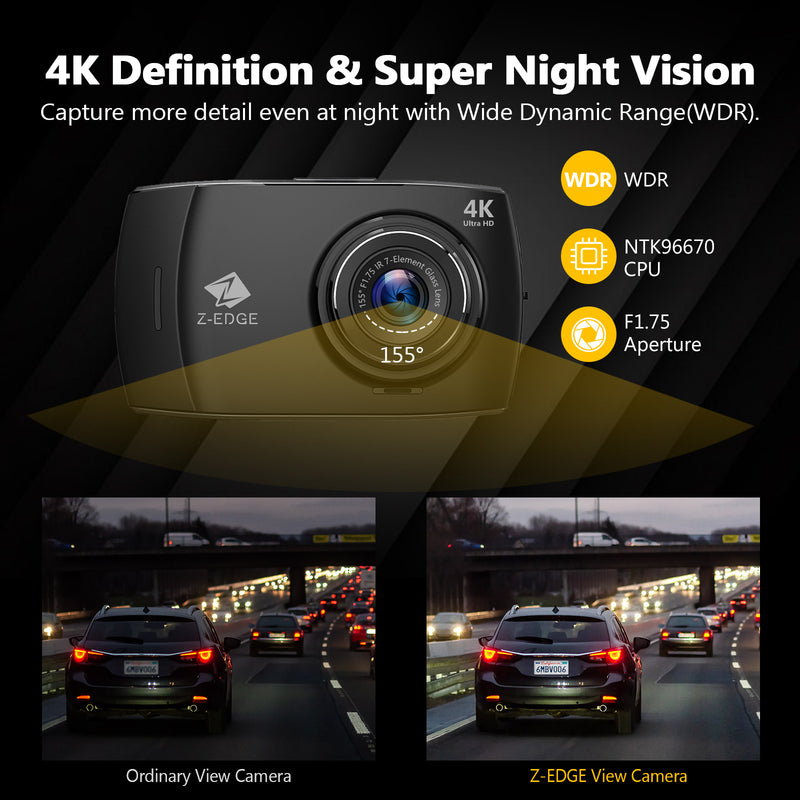 Recertified - Z-Edge T4K Dash Cam, Front and Rear Dual Lens, 4.0 inch Touch Screen, 4K Ultra HD, Built-in Wifi, 32GB TF Card Included, WDR, G-Sensor