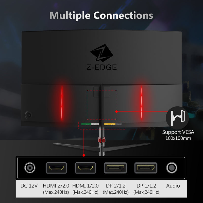 Z-Edge UG27P 27 インチ曲面ゲーミング モニター 240Hz 1ms 1920x1080 16:9 フレームレス、AMD Freesync プレミアムをサポート、DisplayPort および HDMI ポート付き