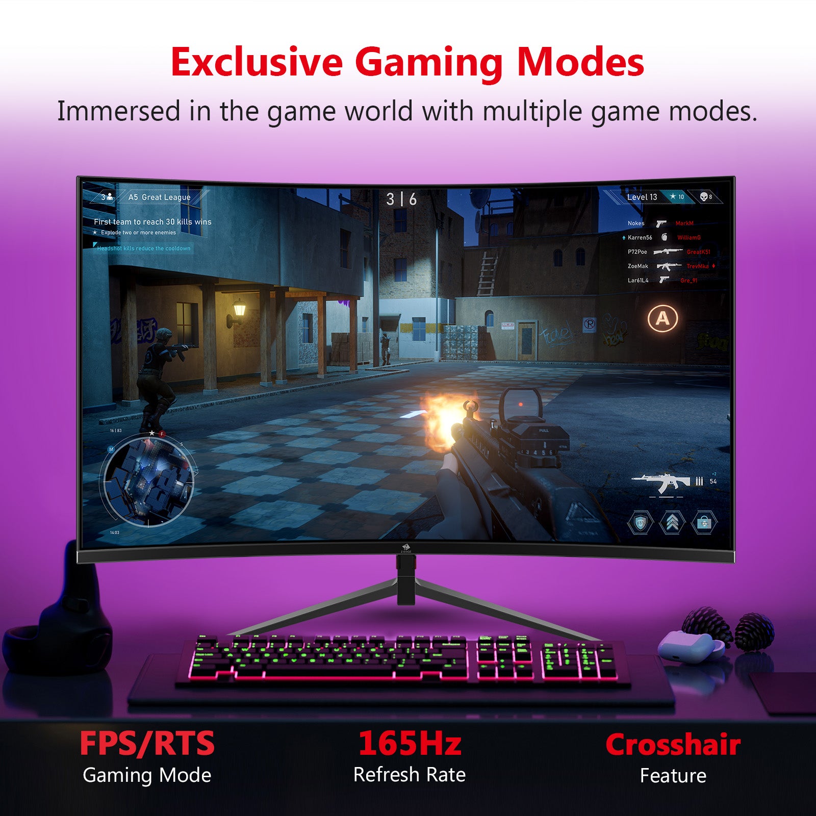 ZEDGE UG27Q Curved Gaming Monitor 27" 165Hz QHD 1440P HDR