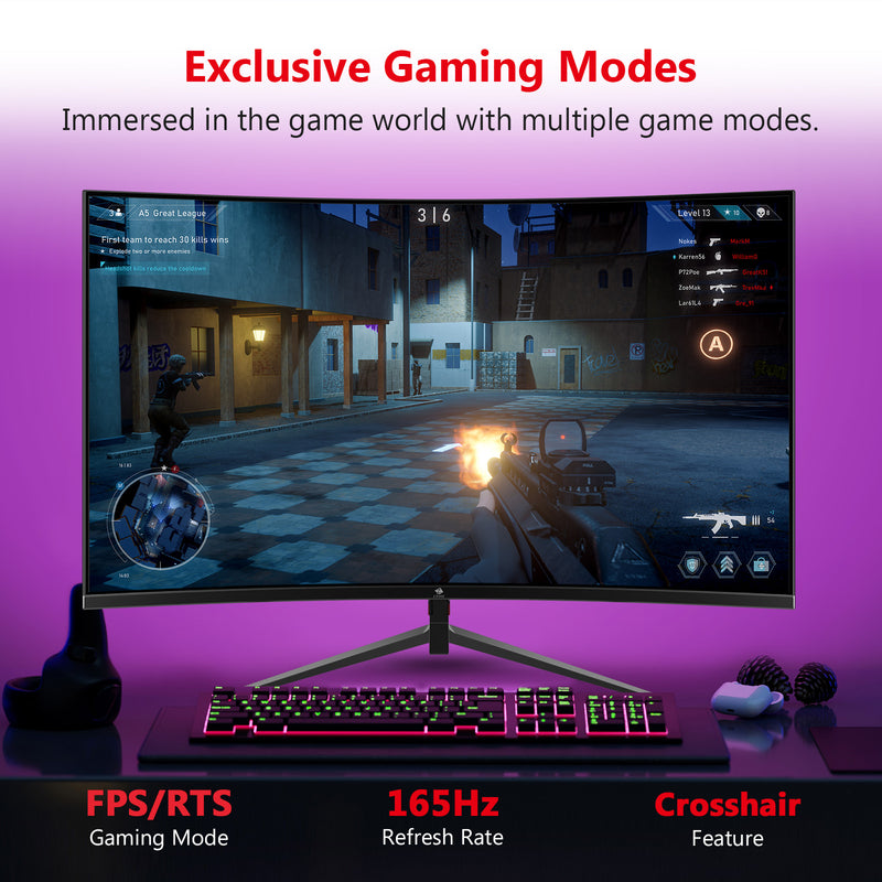 Z-EDGE UG27Q 27" Curved Gaming Monitor 165Hz(DP) 144Hz(HDMI) 1ms 2K Resolution 2560x1440 Frameless LED Gaming Monitor Support Wall Mount