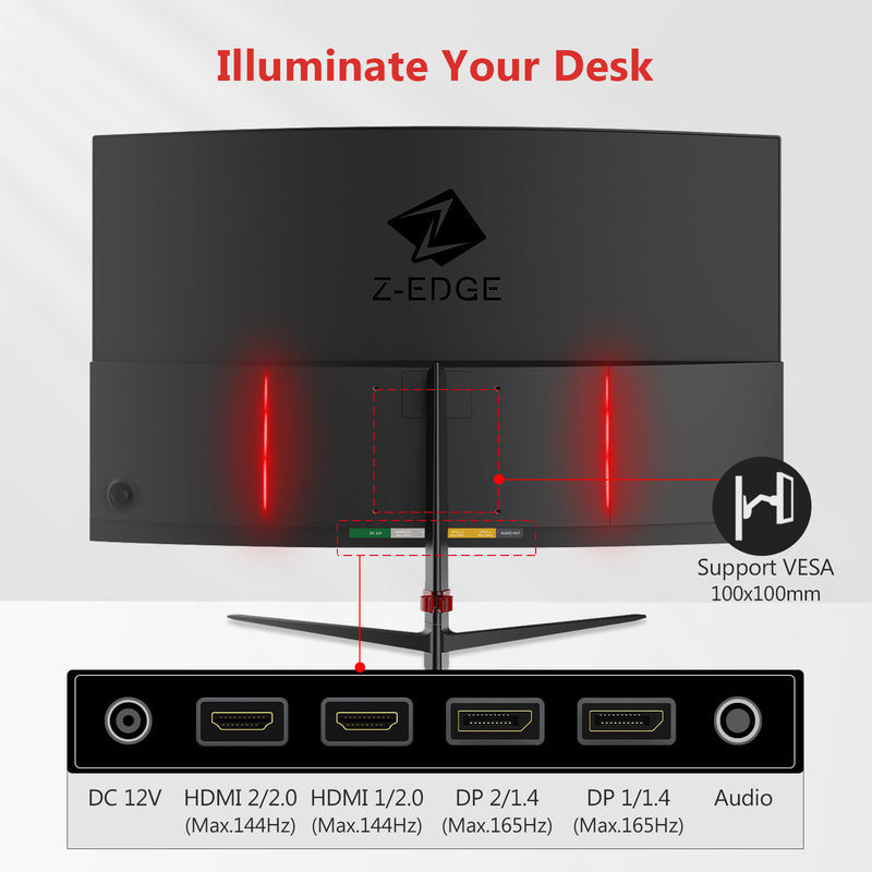 Z-EDGE UG27Q 27 インチ曲面ゲーミング モニター 165Hz(DP) 144Hz(HDMI) 1ms 2K 解像度 2560x1440 フレームレス LED ゲーミング モニター サポート ウォール マウント