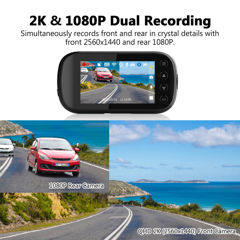 Z3D 2560x1440P 2K QHD, vordere und hintere Dashcam mit WLAN, GPS, Dual-Cam, Auto-DVR, Nachtsicht, Parkmodus, G-Sensor, Loop-Aufnahme