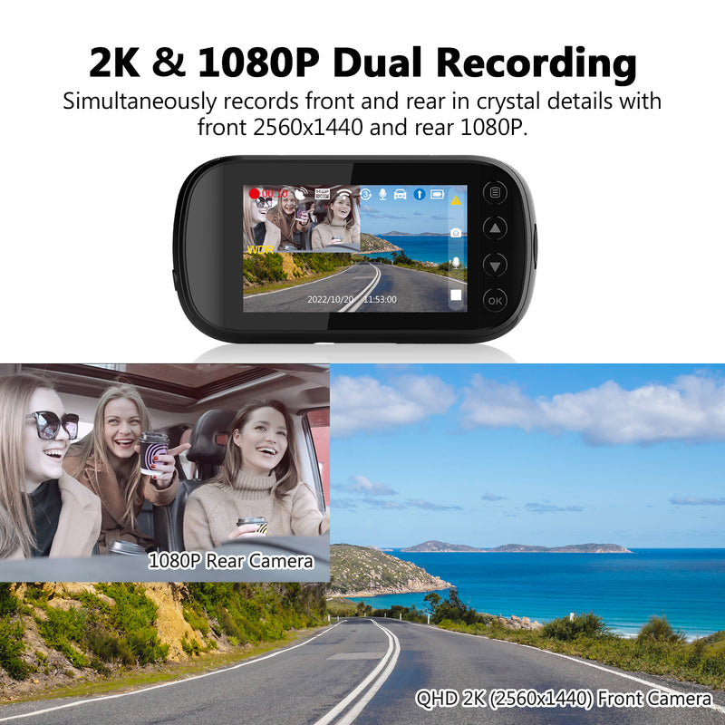 Z3D 2560x1440P 2K QHD、WiFi付きフロントおよびリアダッシュカム、GPS、デュアルカム、カーDVR、ナイトビジョン、パーキングモード、Gセンサー、ループ録画