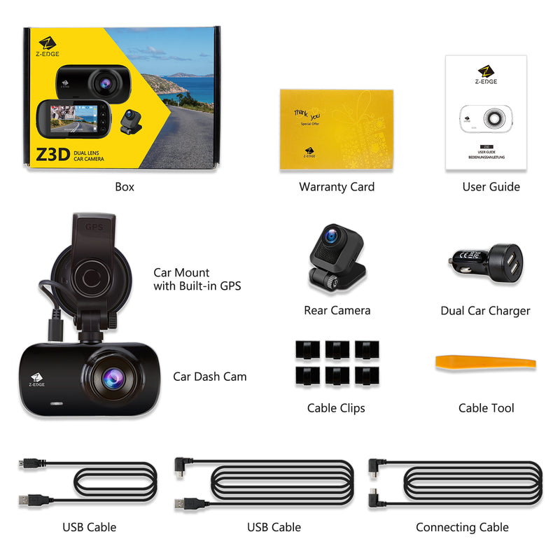 Z3D 2560x1440P 2K QHD, vordere und hintere Dashcam mit WLAN, GPS, Dual-Cam, Auto-DVR, Nachtsicht, Parkmodus, G-Sensor, Loop-Aufnahme