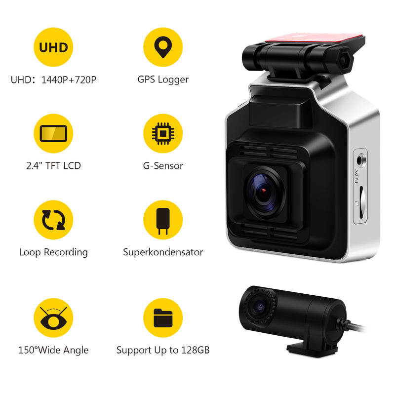 F400D GPS Dual Dash Cam 2.4" LCD Screen Front 2560x1440 Rear 1280x720