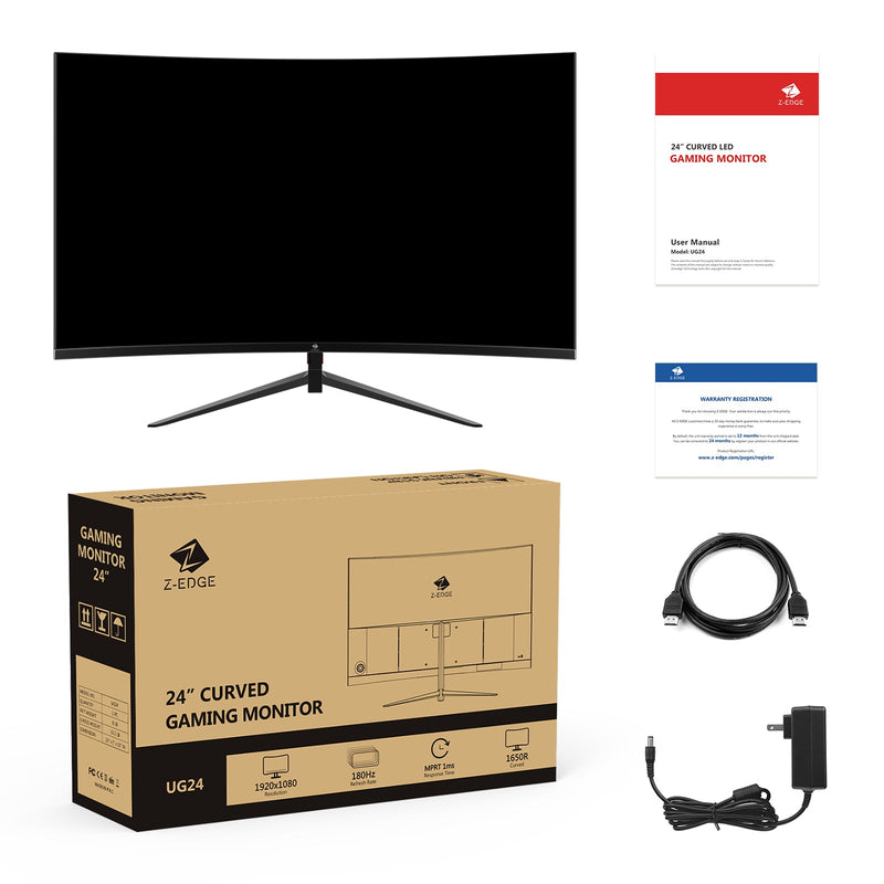 Generalüberholt: UG24 24 Zoll 1650R gebogener Gaming-Monitor 180 Hz (DP) 144 Hz (HDMI) 1 ms Full HD 1080P HDMI- und DP-Anschluss unterstützen VESA-Wandhalterung 