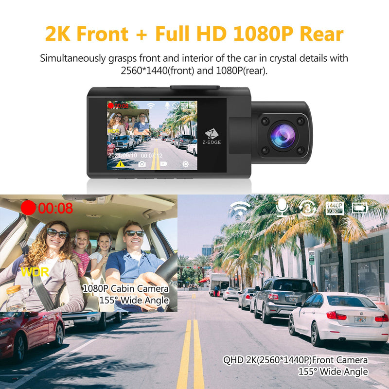 改装済み: Z3Pro Dual Dash Cam 内蔵 Wi-Fi、2K+1080P 前面および内部 Dash Cam、IR ナイト ビジョン