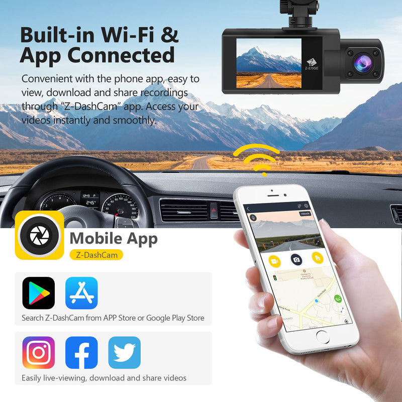 Z3Pro Dual Dash Cam Built-in Wi-Fi, 2K+1080P Front and Inside Dash Cam