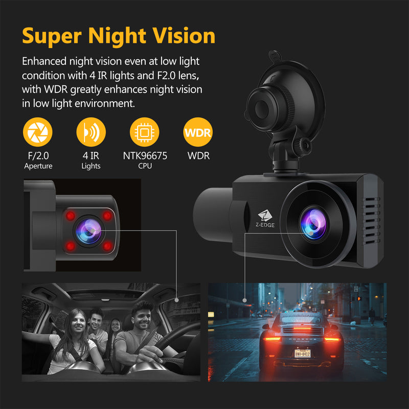 Z3Pro Dual Dash Cam Built-in Wi-Fi, 2K+1080P Front and Inside Dash Cam, IR Night Vision