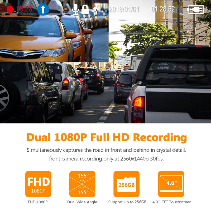 T4 4.0" Touch Screen Dual Dash Cam FHD 1080P Video Dash Cam 
