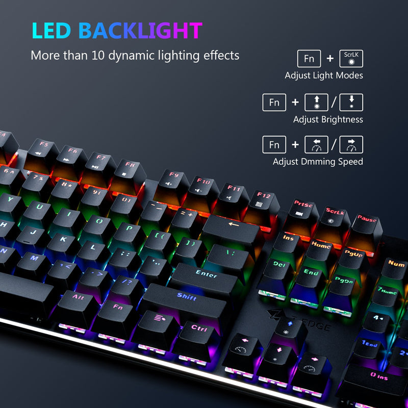 Z-EDGE UK104 Mechanical Gaming Keyboard 104 Keys Rainbow Backlit