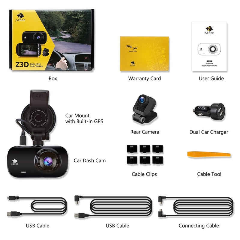 Z3D GPS Dual Dash Cam 2.7" Screen 1920x1080P Front and Rear Video Dash Cam 