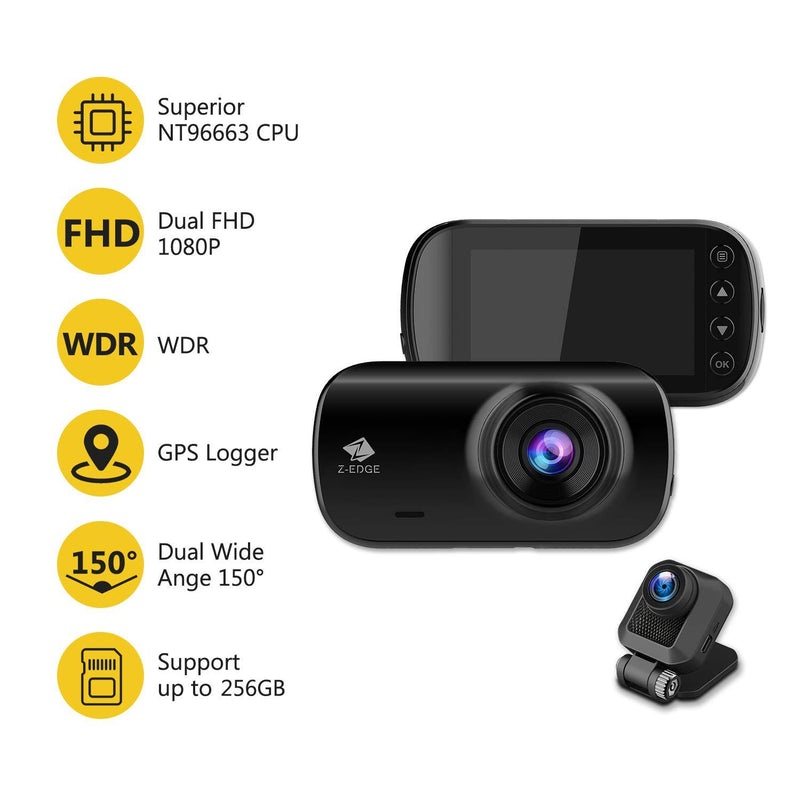 Z3D GPS Dual Dash Cam 2.7" Screen 1920x1080P Front and Rear Video Dash Cam 